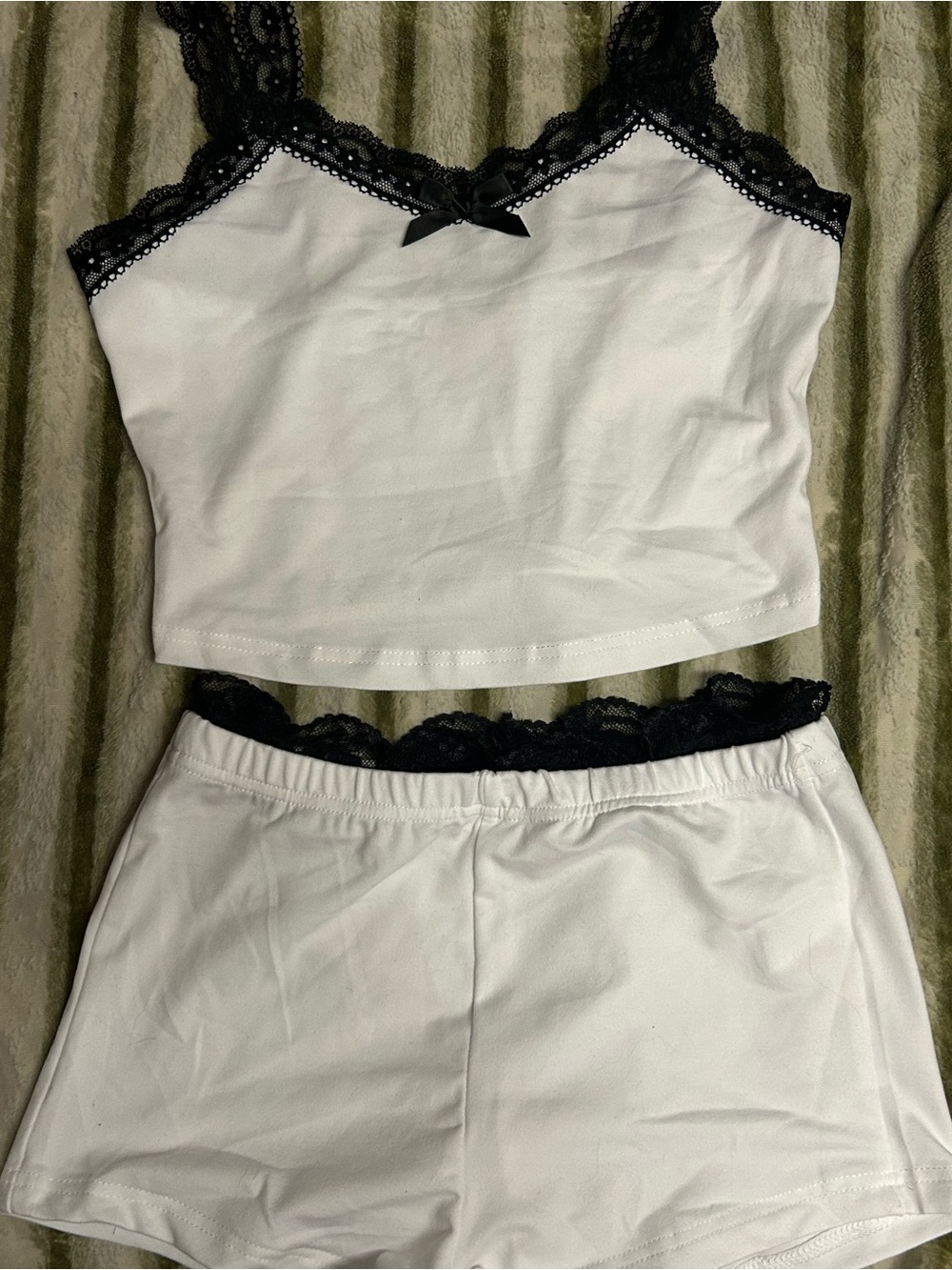 White Lace-Trim Camisole & Shorts Sleep Set with Black Accents